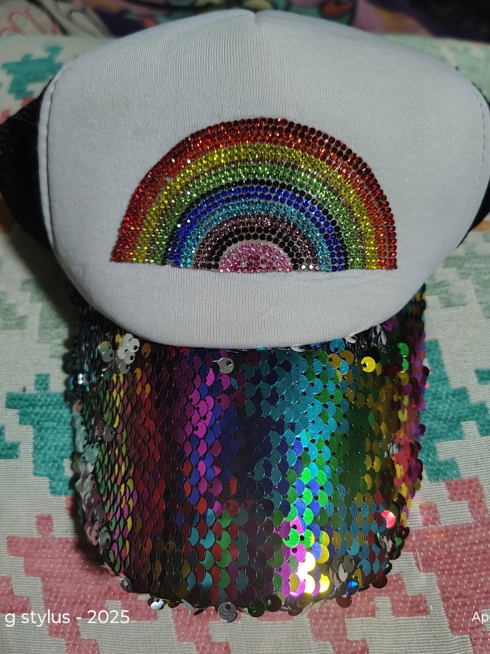 😲🌈🌈🌈🔥RAINBOW-  Sequin Trucker Hat - White Multicolor ( Adult Size Os )